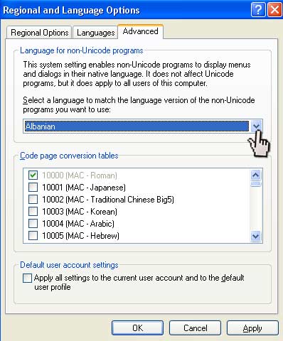 Non Unicode options for language support in windows XP